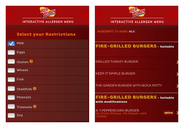 Red Robin Interactive Allergen Menu Restrictions and Options